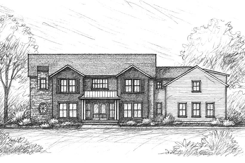 Hand-drawn pencil sketch of a two-story home with gabled roofs, covered front porch, and trees